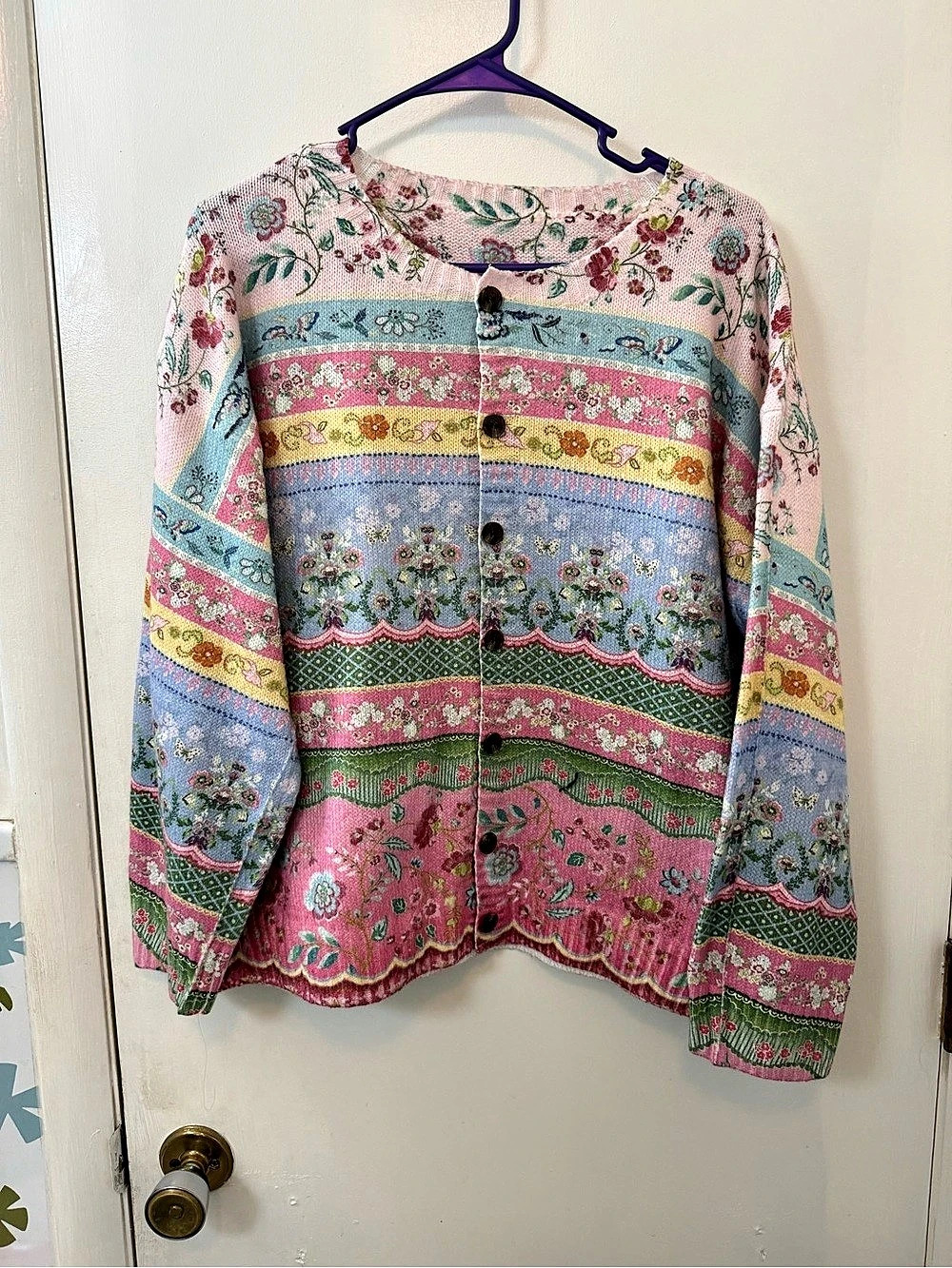 Cottagecore floral Button-Front Sweater in Pink & Blue Size XXL